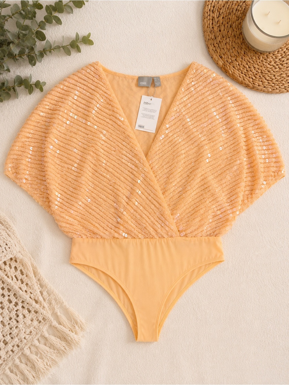 ASOS Sequin Kimono Sleeve Bodysuit NWT Size 8 Long Peach Champagne